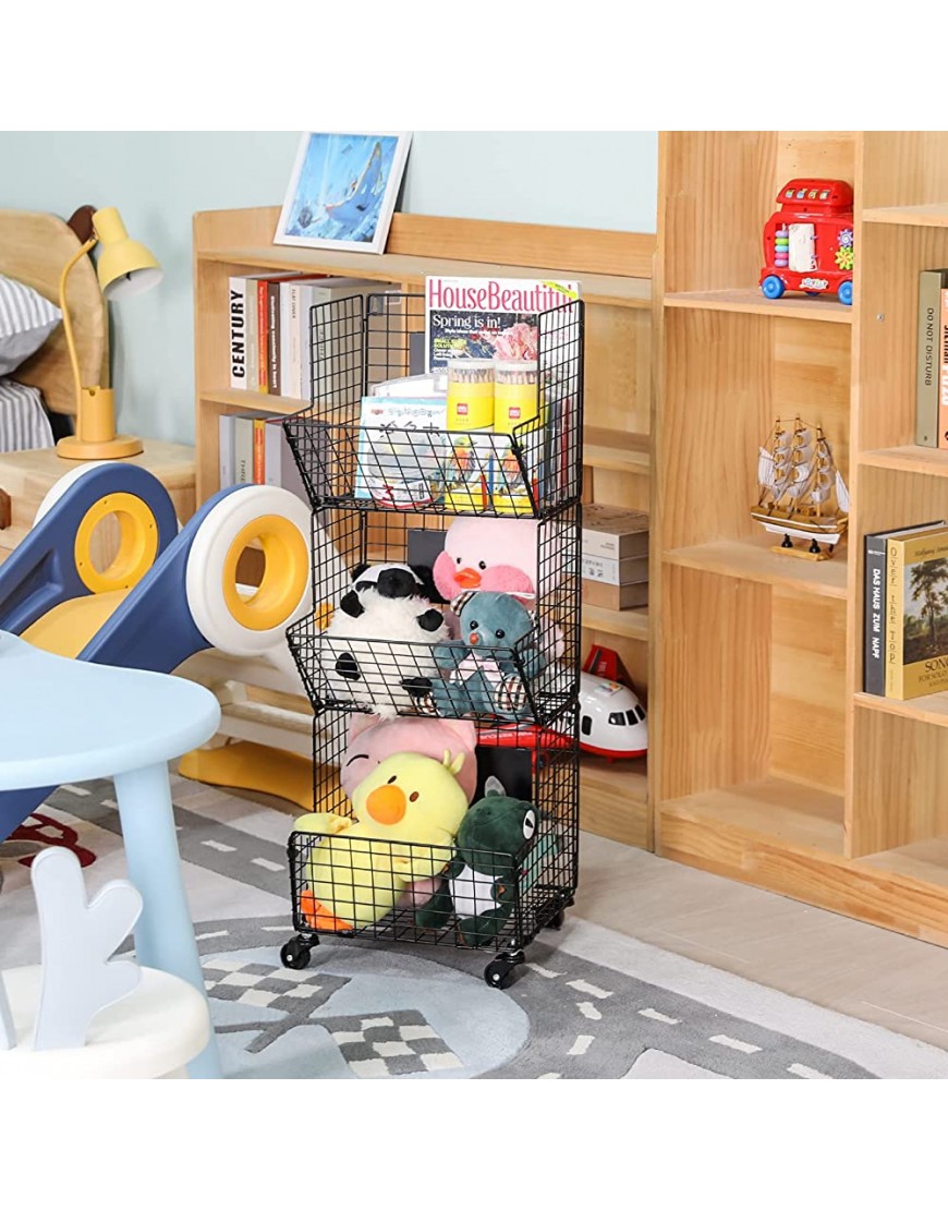 3 Tier Metal Wire Baskets Toy Organizer Basket Shelf with Wheel S-Hooks Adjustable Chalkboards Rolling Cart Hanging Storage Baskets for Child Room Playroom Bedroom Kitchen - B7Q6CFDQK
