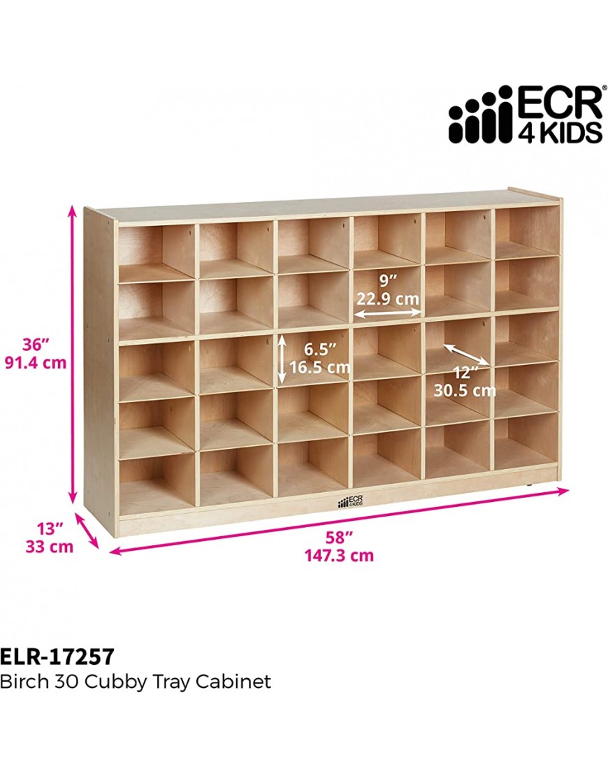 ECR4Kids Birch 30 Cubby Tray Cabinet Kids Toy Storage Organizer with Rolling Casters Hardwood Mobile Storage Cabinet for Classroom Preschool and Homeschool Supplies - B4G36ALQZ