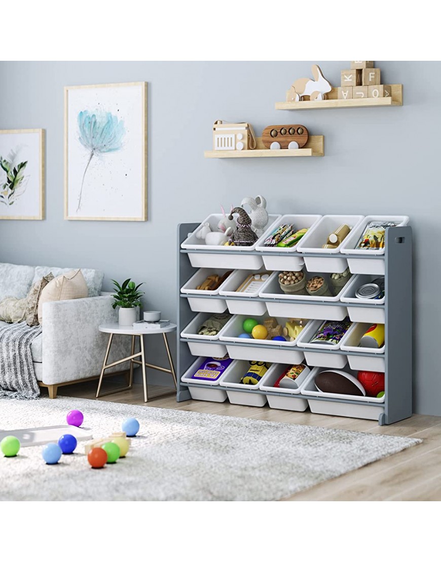 FOTOSOK Toy Storage Organizer with 16 Bins & Shelf Multifunctional Storage Rack with Stackable and Removable Bins Storage Unit for Kids Bedroom Living Room Playroom with White Bins and Gray Frame - BT6JEI73D