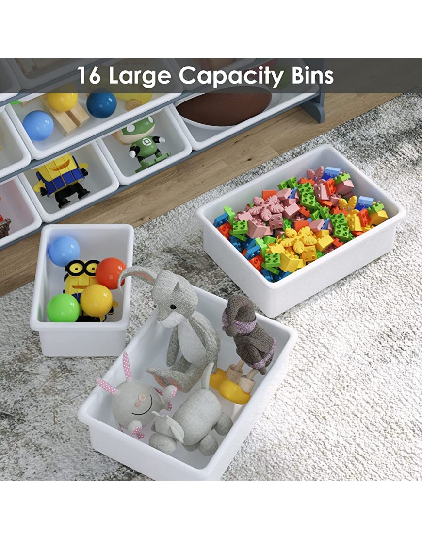 FOTOSOK Toy Storage Organizer with 16 Bins & Shelf Multifunctional Storage Rack with Stackable and Removable Bins Storage Unit for Kids Bedroom Living Room Playroom with White Bins and Gray Frame - BT6JEI73D