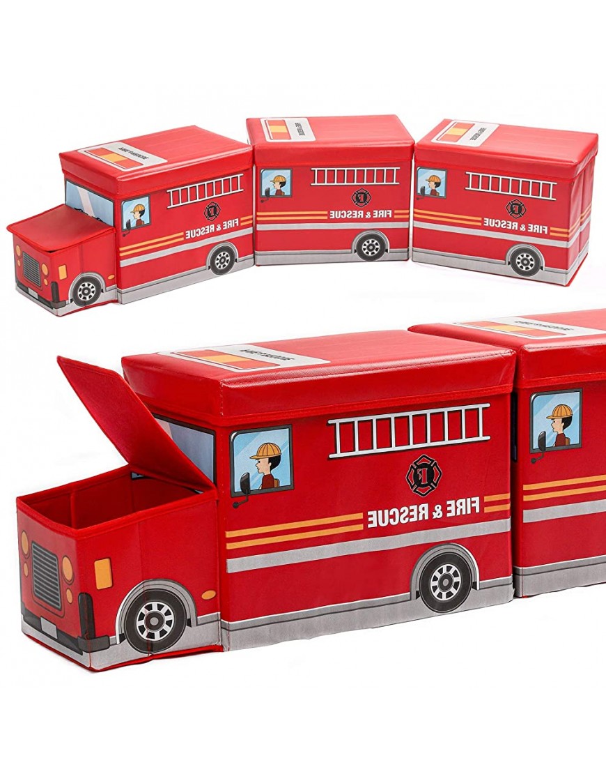 Homde Pack of 3 Toy Storage Organizers Bins Train Shape Collapsible Toy Chests and Storage Fire Truck playroom storage for Kids Boys Red - B6QT01PVO