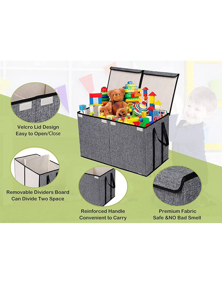 Large Kids Toy Box Chest Storage organizer with Double Flip-Top Lid Collapsible Sturdy Toy Organizers And Storage Bins With Big Handles For Nursery Playroom 26.8x13.8x16Grey - B6U8HDLMP