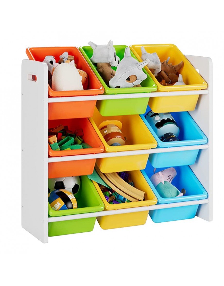 PUPL Toy Storage Organizer with 9 Multiple Color Plastic Bins & Shelf for Bedroom Playroom Living Room Home Furniture White Blue Yellow  25.59*10.43*23.62 in - BIJKFAV6M
