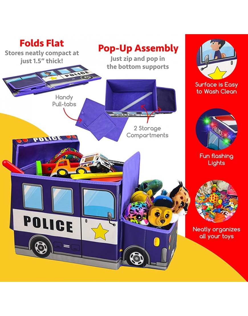 Toy Box for boys KAP Police Car toy chest Light Up LED Toy Box Foldable Storage Basket Organizer toy bin great for storing books toys stuffed animals and small game's. rescue collection - BKH65BUMI