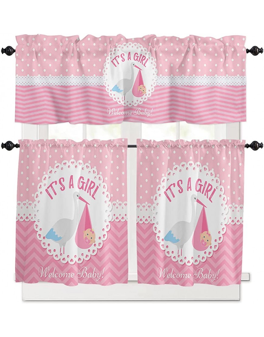 Girl Baby White Stork Kitchen Curtain Valance and Tier Set Pink Gemometry Backdrop Short Half Window Treatments Rod Pocket Curtain Panels for Bedroom Living Room 54x18 Valance 55x36 Tier - BCNG90G8R
