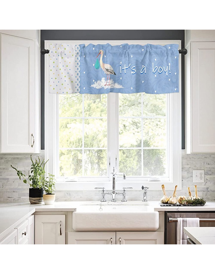 Rod Pocket Kitchen Curtains Valance White Stork Baby Blue Polka Dot Lace It's A Boy Privacy Protection Window Valance for Bedroom Nursery Room Easy Care 54x18 in - BV0J4HV9O