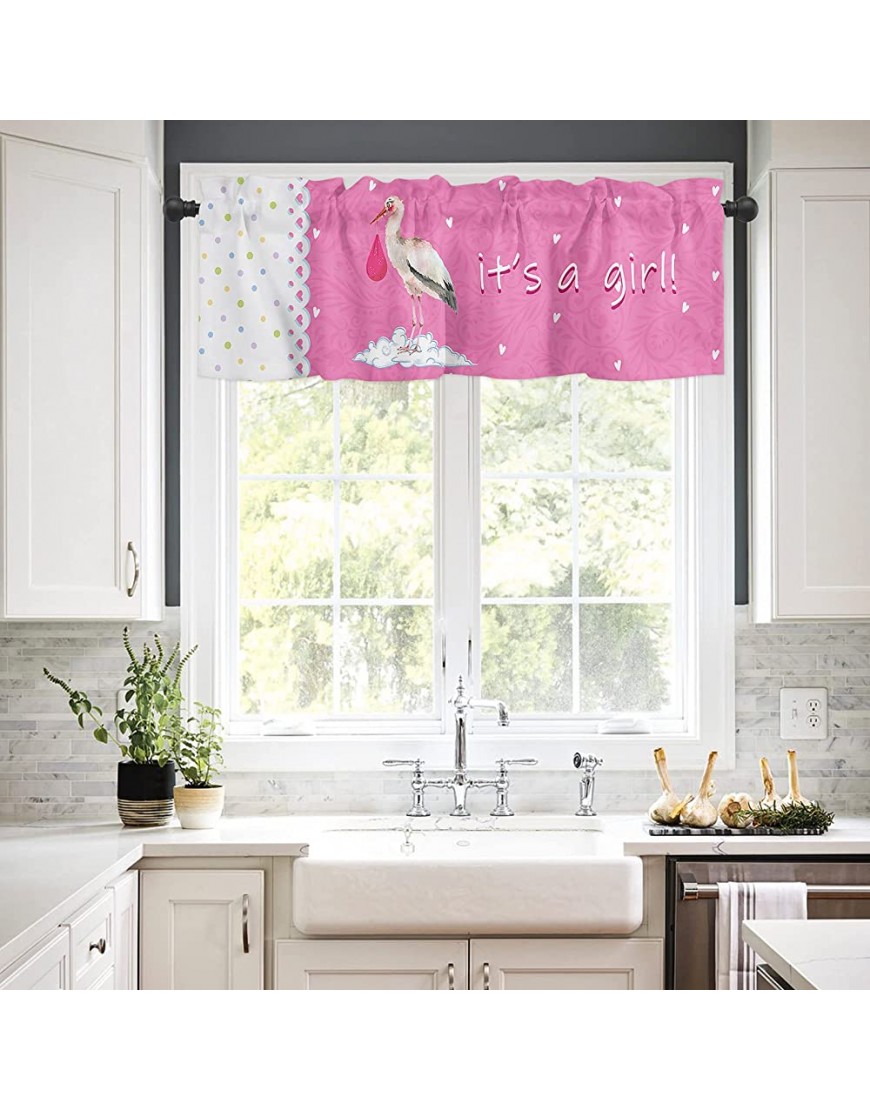 Rod Pocket Kitchen Curtains Valance White Stork Baby Pink Polka Dot Lace Background It's A Girl Privacy Protection Window Valance for Bedroom Nursery Room Easy Care 54x18 in - BZBZ9F8E7