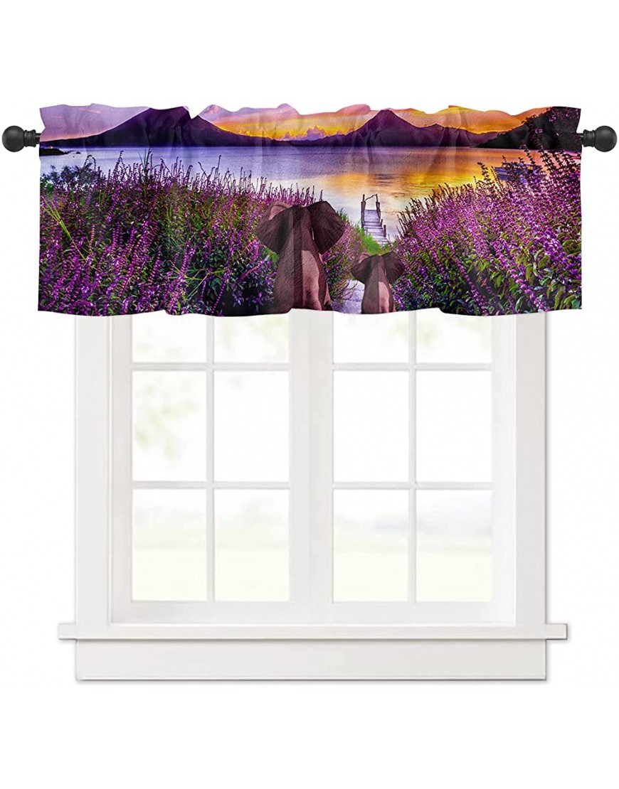 Valance Curtains Lavender Field Floral Windows Treatment Decor Elephant Mother Baby Sunset Valances Rod Pocket Short Curtain for Kitchen Dining Room 54x18 Inches - B4XBEPQMF