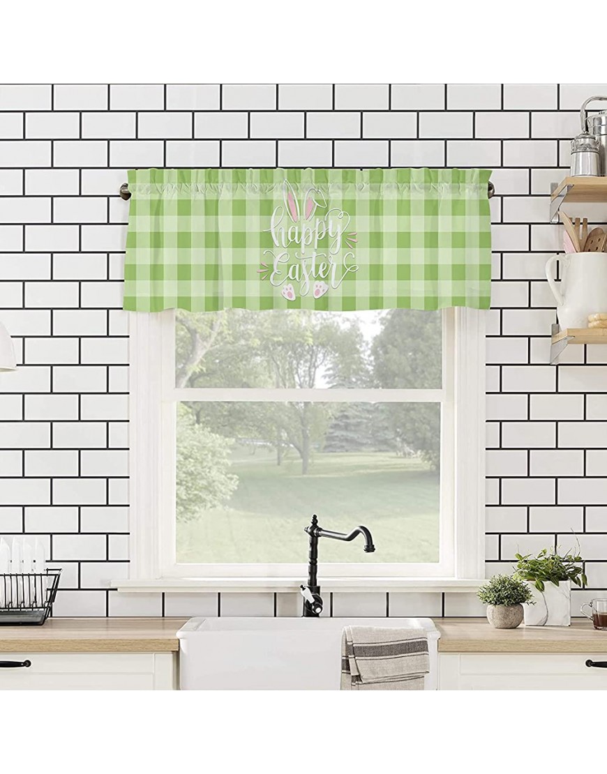 Valances for Windows Happy Easter Cute Pink Bunny Ears Footprints Green Buffalo Check Plaid Valance Curtains Rod Pocket Small Window Treatment for Kitchen Living Room Bedroom Home Decor 54x18in - BWAEODG9S