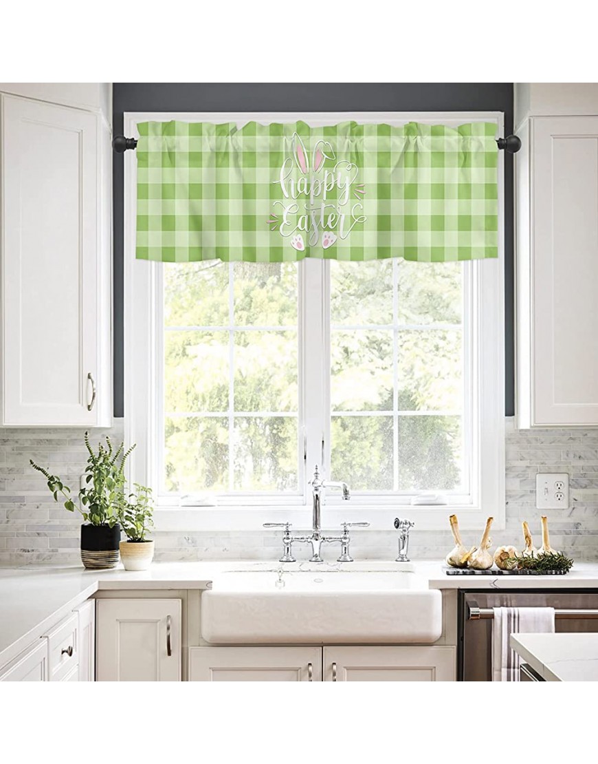 Valances for Windows Happy Easter Cute Pink Bunny Ears Footprints Green Buffalo Check Plaid Valance Curtains Rod Pocket Small Window Treatment for Kitchen Living Room Bedroom Home Decor 54x18in - BWAEODG9S