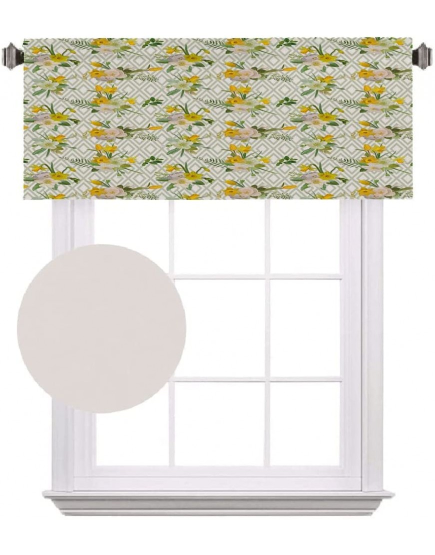 Watercolor Rod Pocket Short Winow Valance Curtains Diamond Pattern with Blooming Floral Arrangement Petals and Leaves Applicable to Nursery Kindergarten Living Room Green YellowW52 xL18 inch - BKNIGVYUL