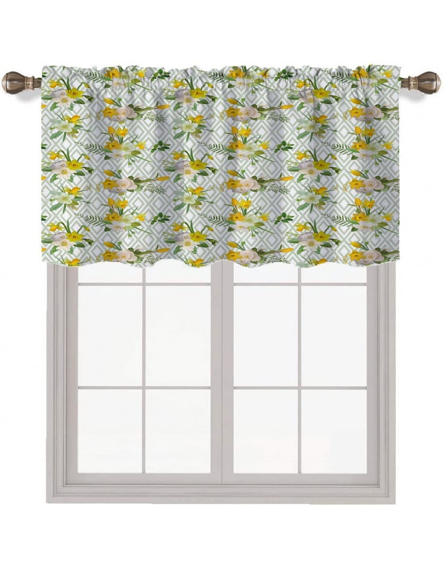 Watercolor Rod Pocket Short Winow Valance Curtains Diamond Pattern with Blooming Floral Arrangement Petals and Leaves Applicable to Nursery Kindergarten Living Room Green YellowW52 xL18 inch - BKNIGVYUL