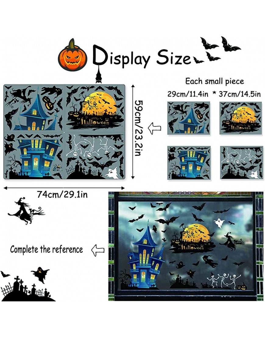 56 PCS Halloween Window Clings PVC Halloween Window Stickers with Bats Witch Ghosts Pumpkins Haunted House Skeleton Moon Design Window Wall Decals for Halloween Party Decoration - B27ORNANX