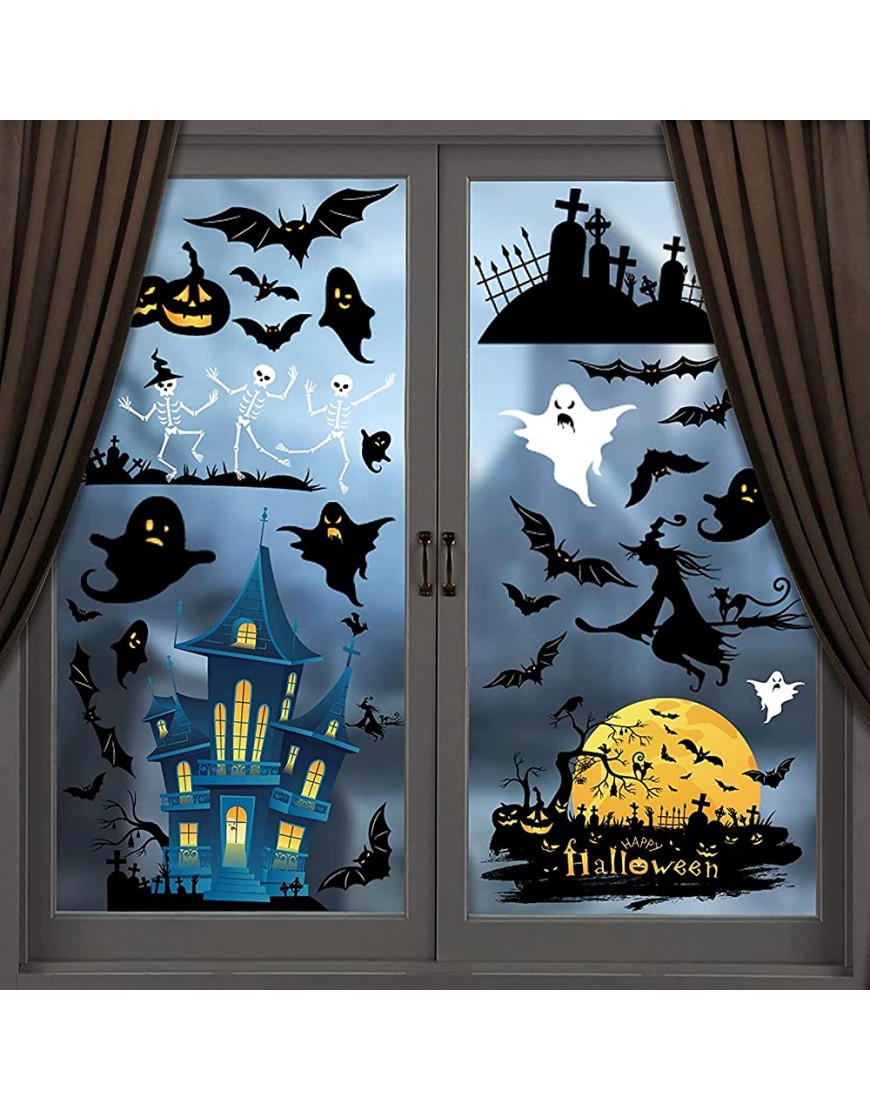 56 PCS Halloween Window Clings PVC Halloween Window Stickers with Bats Witch Ghosts Pumpkins Haunted House Skeleton Moon Design Window Wall Decals for Halloween Party Decoration - B27ORNANX