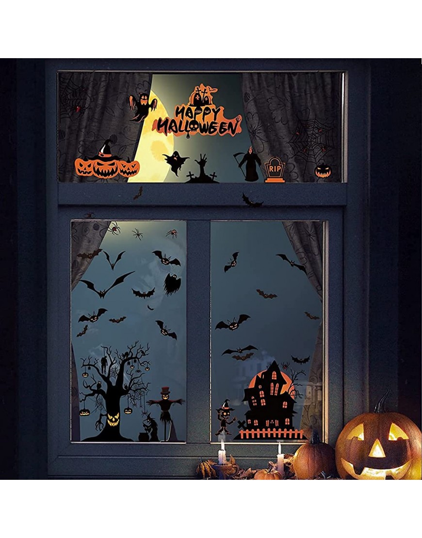Halloween Window Clings Trazzo Decorations Stickers,Halloween Spooky Decals for Halloween Party Decorations,8 Sheets 98 Pcs Black Bats Spiders Webs and Ghost,Easy to Apply and Remove - B15H6MMD6