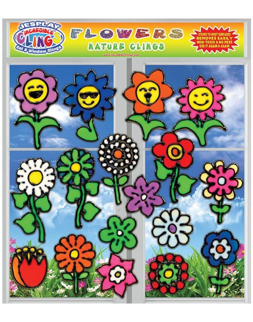 JesPlay Flowers Flexible Gel Clings Glass Window Clings for Kids and Adults Sunflower Rose Tulip Daisy Reusable Gel Decals for Home Airplane Classroom Nursery Decoration - BJDJL5IUG