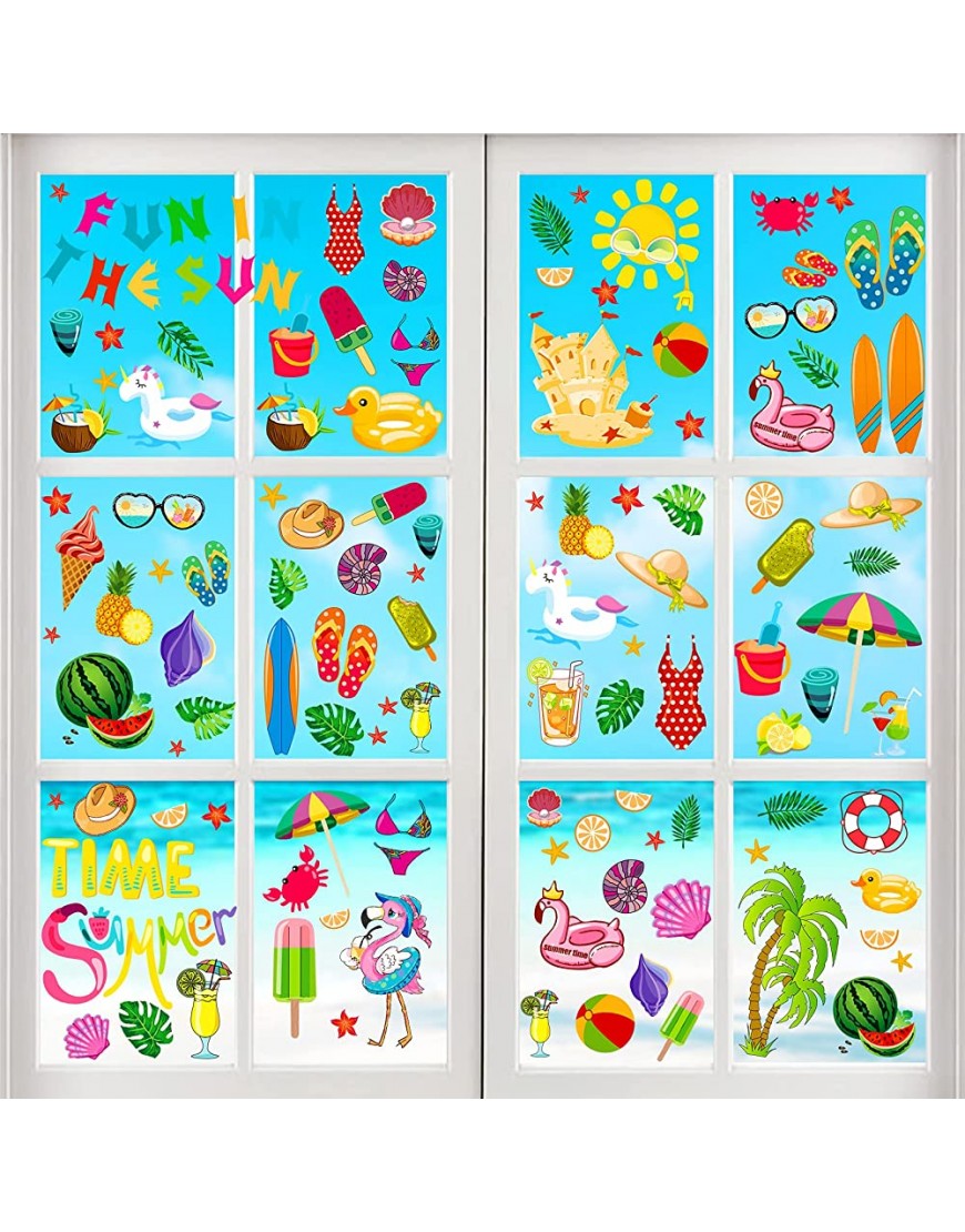 Konsait 120pcs Hawaiian Decals Window Stickers Clings Summer Beach Pool Luau Assorted Tropical Themed Static Sticker Decor for Tropical Party Decoration Supplies - BLG1E9VL6