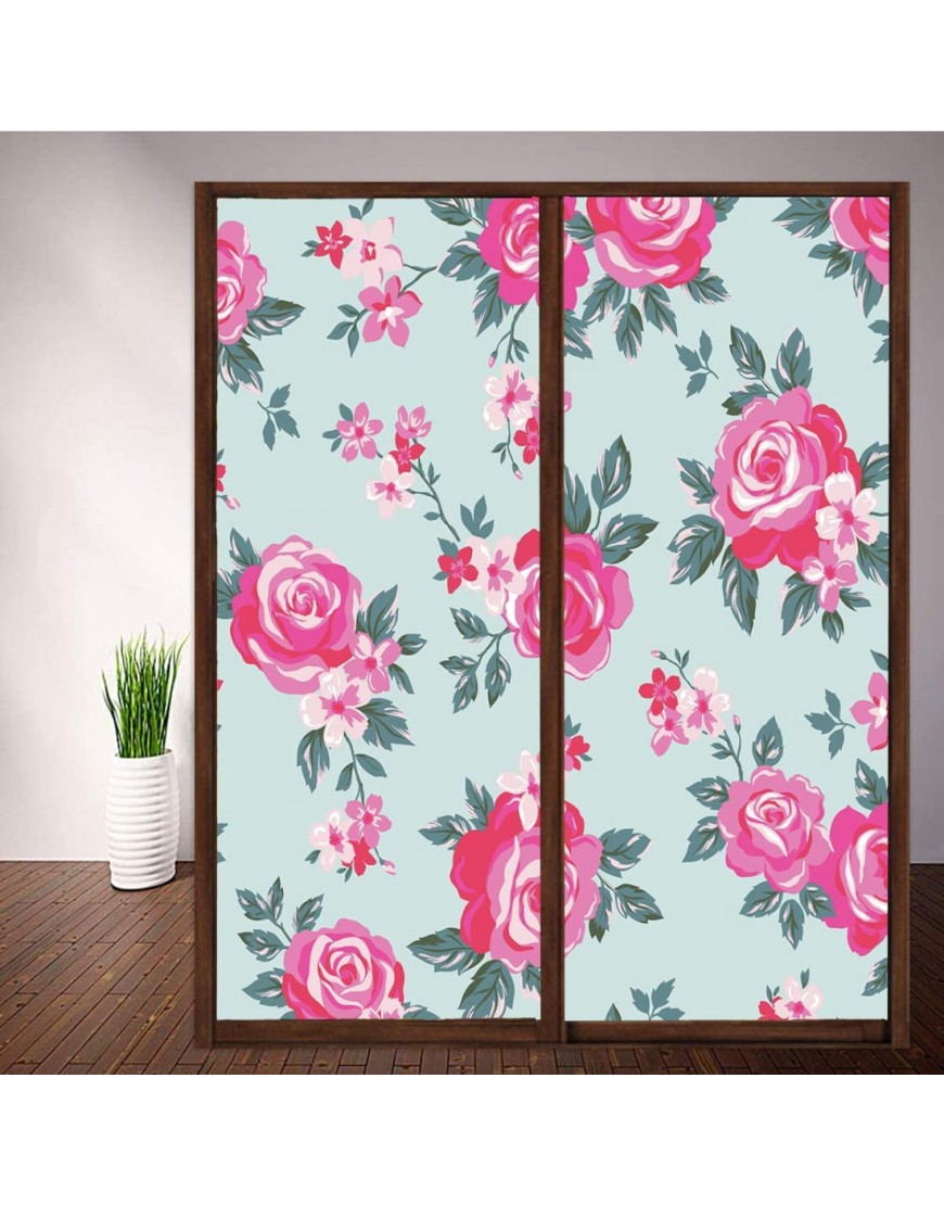 Rose Flower Stained Glass Window Film for Home Office Bathroom Kids Room Sliding Door Decorative W17.7 x H78.7 Inch - B5NA52EXU