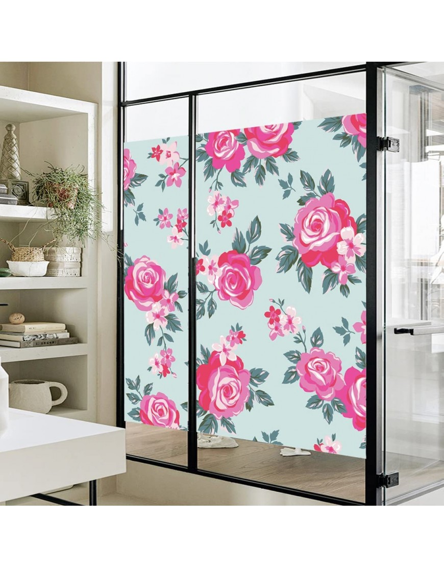Rose Flower Stained Glass Window Film for Home Office Bathroom Kids Room Sliding Door Decorative W17.7 x H78.7 Inch - B5NA52EXU