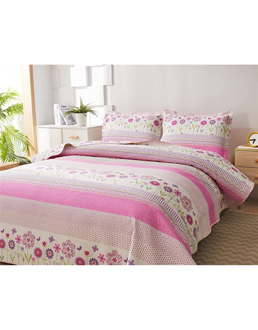 3-Piece Girls Floral Striped Quilt Set Full or Queen with Shams,Colorfull Daisy Flowers Quilted Bedspread Coverlet Bedding Set Lightweight Breathable Bed Cover Summer Blanket Rose,Full Queen - B21224J7O