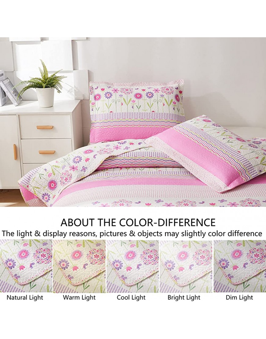 3-Piece Girls Floral Striped Quilt Set Full or Queen with Shams,Colorfull Daisy Flowers Quilted Bedspread Coverlet Bedding Set Lightweight Breathable Bed Cover Summer Blanket Rose,Full Queen - B21224J7O