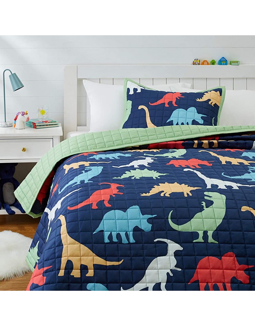 Basics Kids Cotton Reversible Quilt Bedspread Full Queen Green Dinosaur Squad - BRUND0DWW