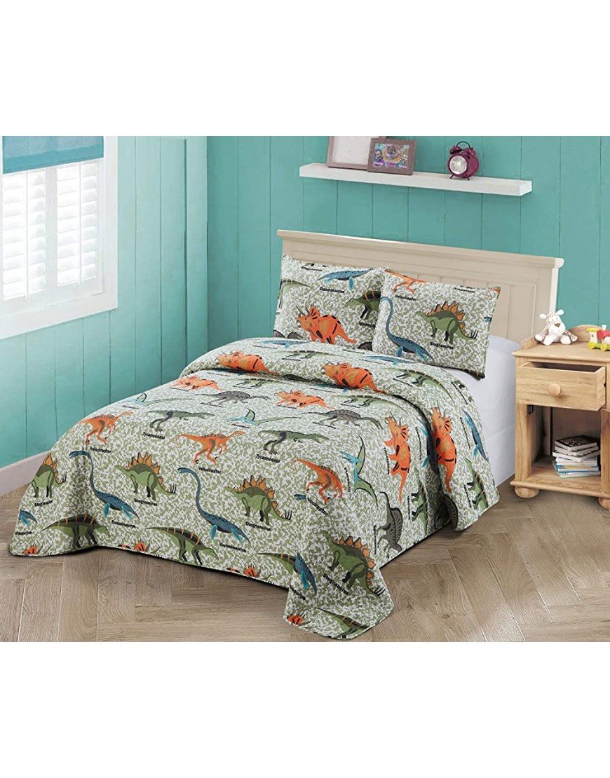 Better Home Style Blue Green Orange Grey Dinosaurs World Kids Boys Toddler Coverlet Bedspread Quilt Set with Shams # Dinosaur Family Queen Full - B6XLX80BX