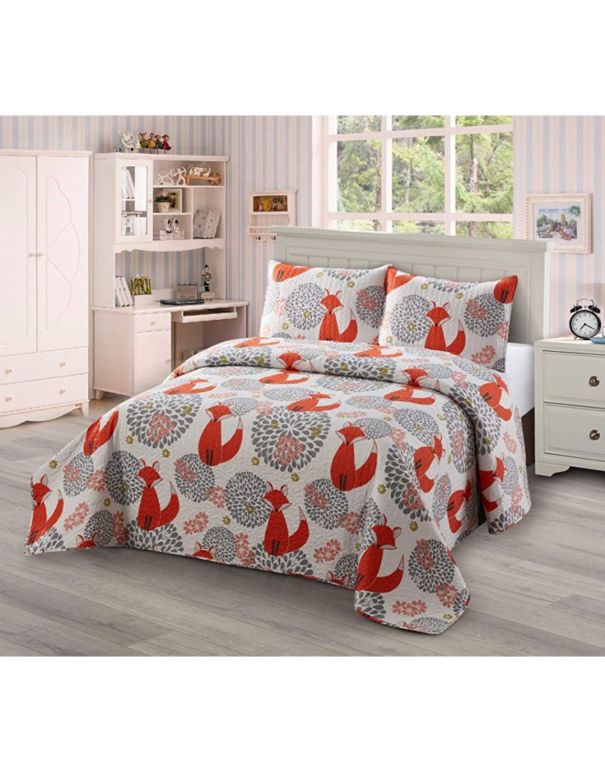 Better Home Style Multicolor Fox Floral Design Kids Girls Toddler Coverlet Bedspread Quilt Set with Shams # Fox Queen Full - BIPZ6527V
