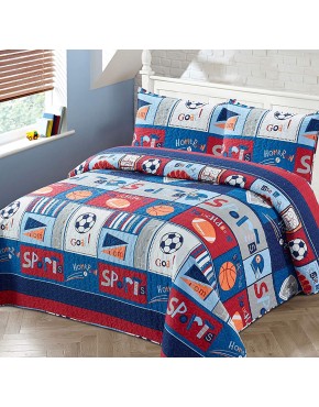 Better Home Style Red White and Blue Varsity Sports Themed Kids Boys Toddler Coverlet Bedspread Quilt Set with Pillowcases and Football Soccer and Basketball Imagery # MVP Sport Queen Full - B6GCWKYCU