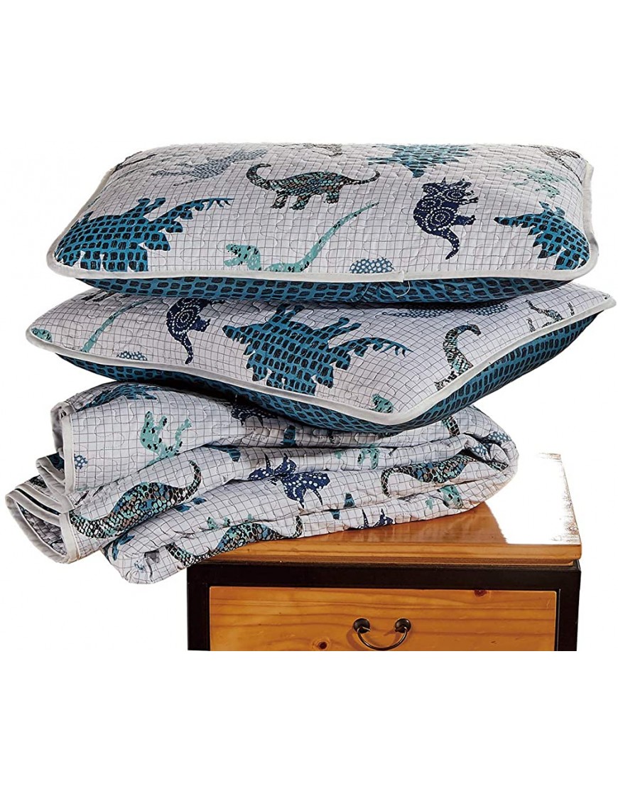 Better Home Style White Blue and Grey Dinosaur Dinosaurs World Kids Boys Toddler 3 Piece Coverlet Bedspread Quilt Set with Pillowcases # Dino Kingdom Full Queen - BNRFTCLU1
