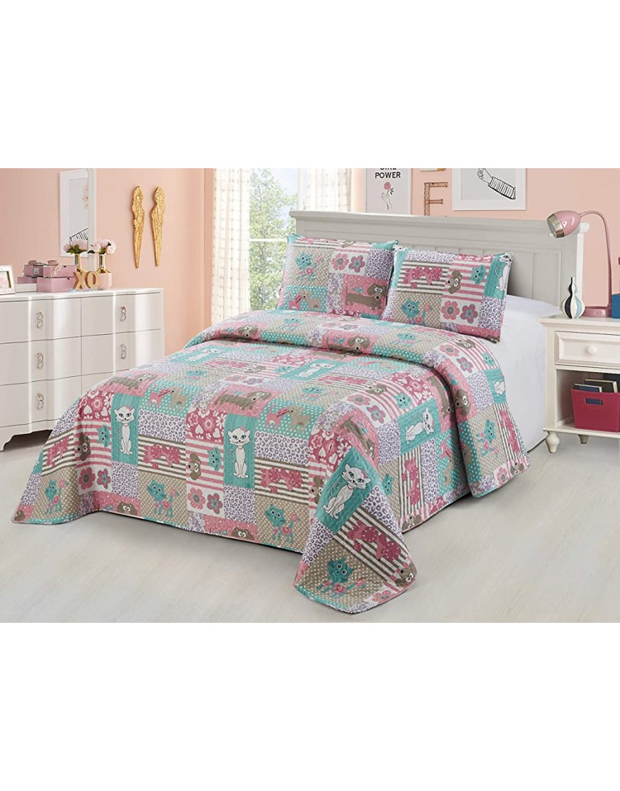 Better Home Style White Pink Turquoise Purple Cats Dogs with Hearts & Flowers Patchwork Design Kids Girls Teens 2 Piece Coverlet Bedspread Quilt Set with Pillowcase # Pets Twin - BAZXEXDMK