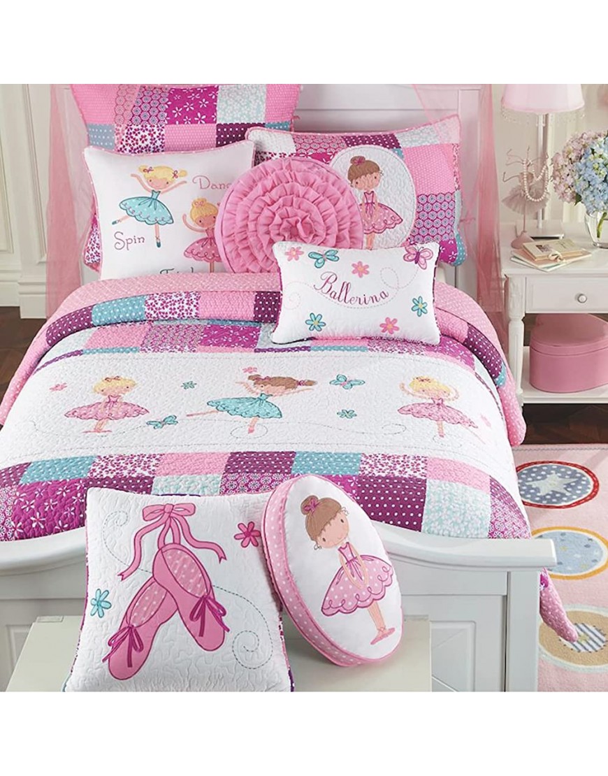 Cozy Line Home Fashions Ballerina Dance Princess Bedding Quilt Set Pink Orchid Light Purple 100% Cotton Bedspread for Kids Girl Pink Embroidered Queen 8 Piece - B7ADW6R5Q