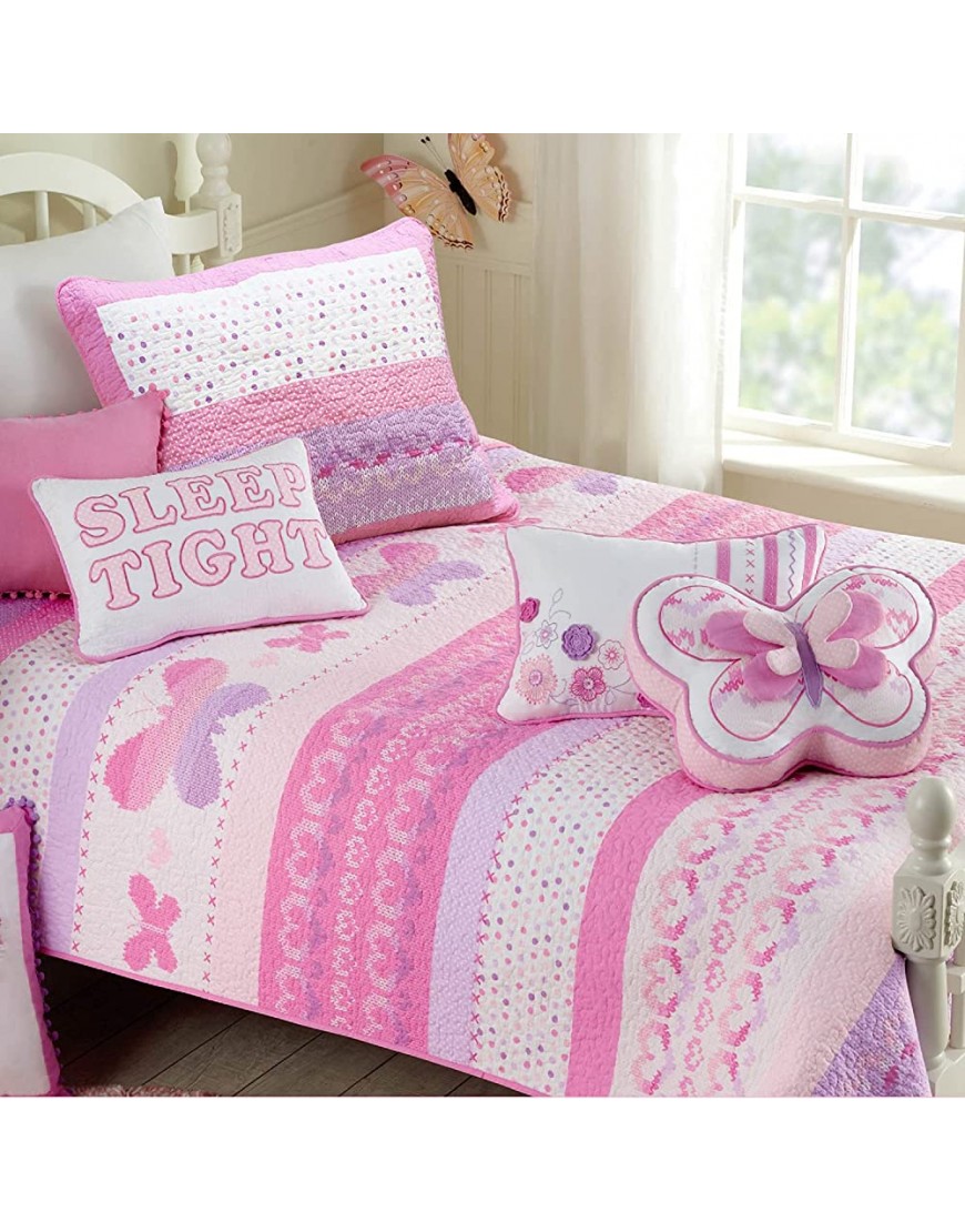 Cozy Line Home Fashions Cute Butterfly Stripe Hearts 100% Cotton Soft Bedding Quilt Set-Bedspreads-for Girl Toddler Pink Butterfly Twin 2 Piece - BC30M9EPT