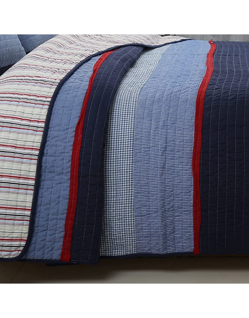 Cozy Line Home Fashions Navy Blue Red Striped Boy 100% Cotton Reversible Quilt Bedding Set Coverlet Bedspread Harlan Twin 2 Piece - BPC22BQRK