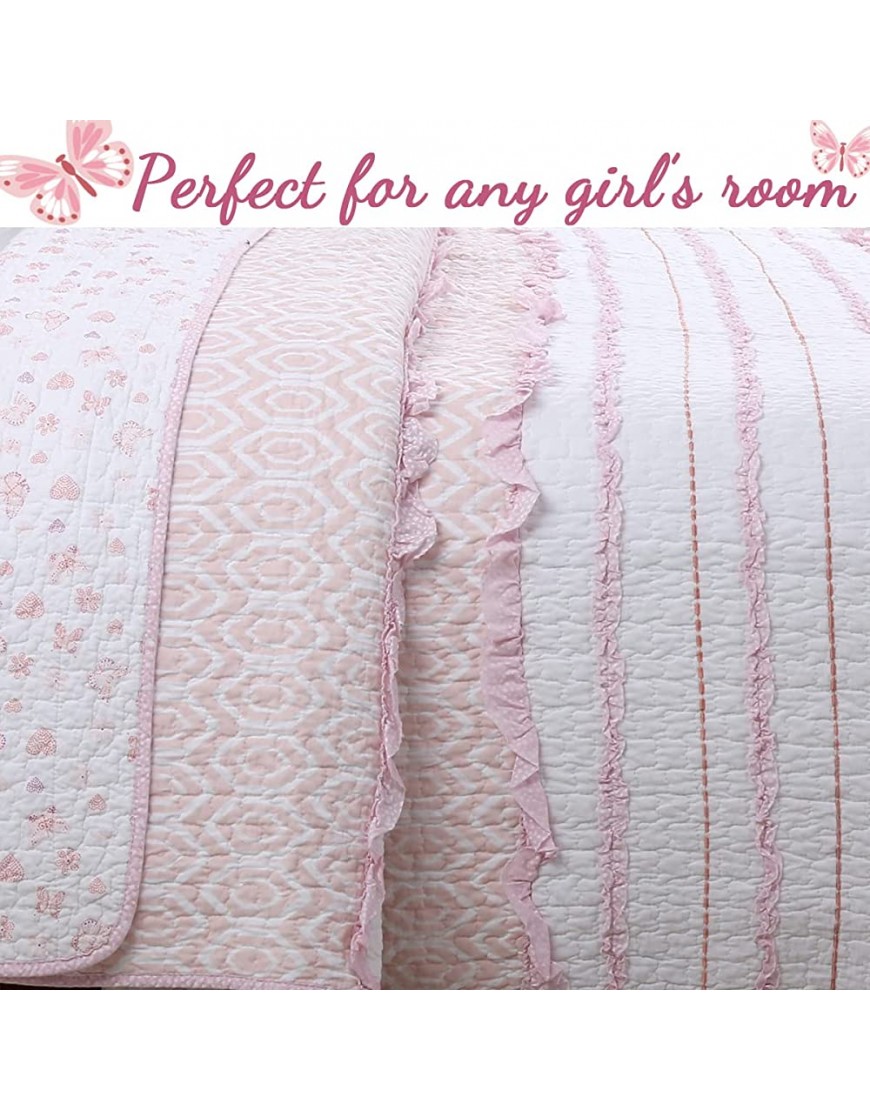 Cozy Line Home Fashions Pretty in Pink Girly Ruffle Stripped 100% Cotton Reversible Quilt Bedding Set Coverlet Bedspread Pink Princess Twin 2 Piece: 1 Quilt + 1 Sham - B98MHQ3IJ