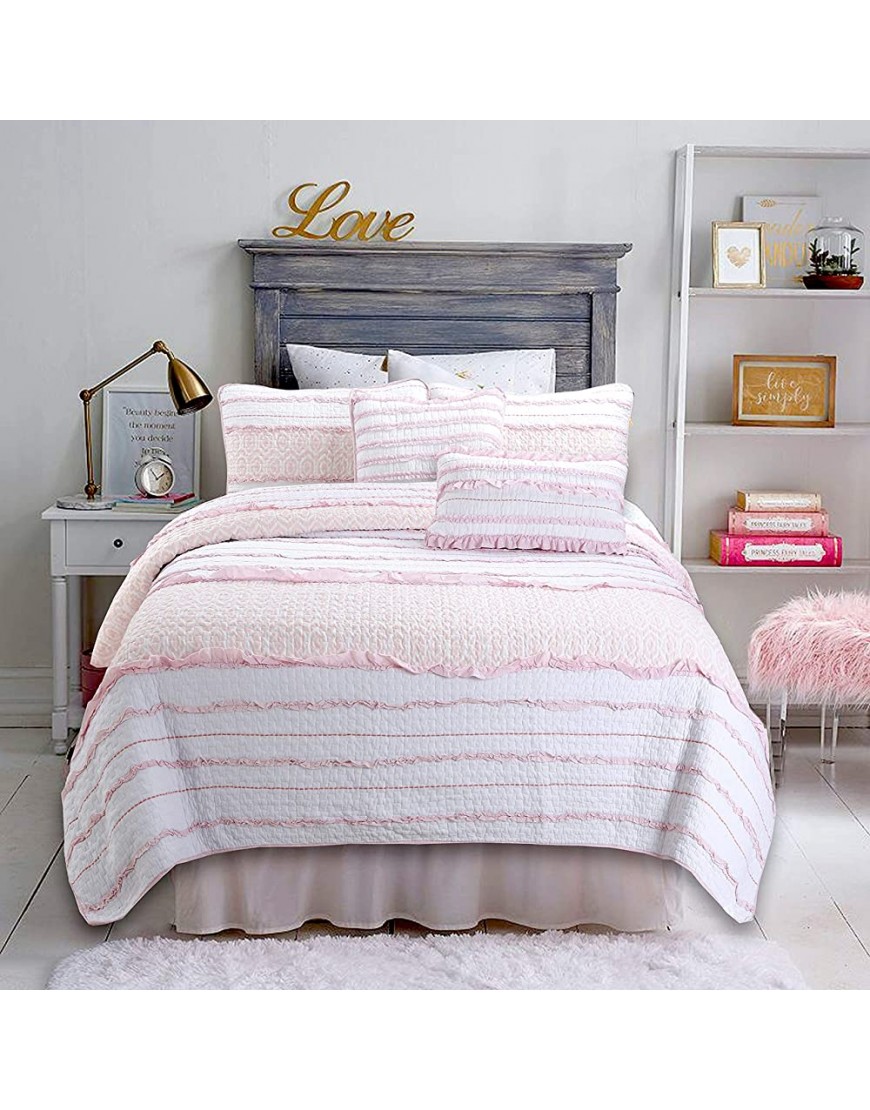 Cozy Line Home Fashions Pretty in Pink Girly Ruffle Stripped 100% Cotton Reversible Quilt Bedding Set Coverlet Bedspread Pink Princess Twin 2 Piece: 1 Quilt + 1 Sham - B98MHQ3IJ