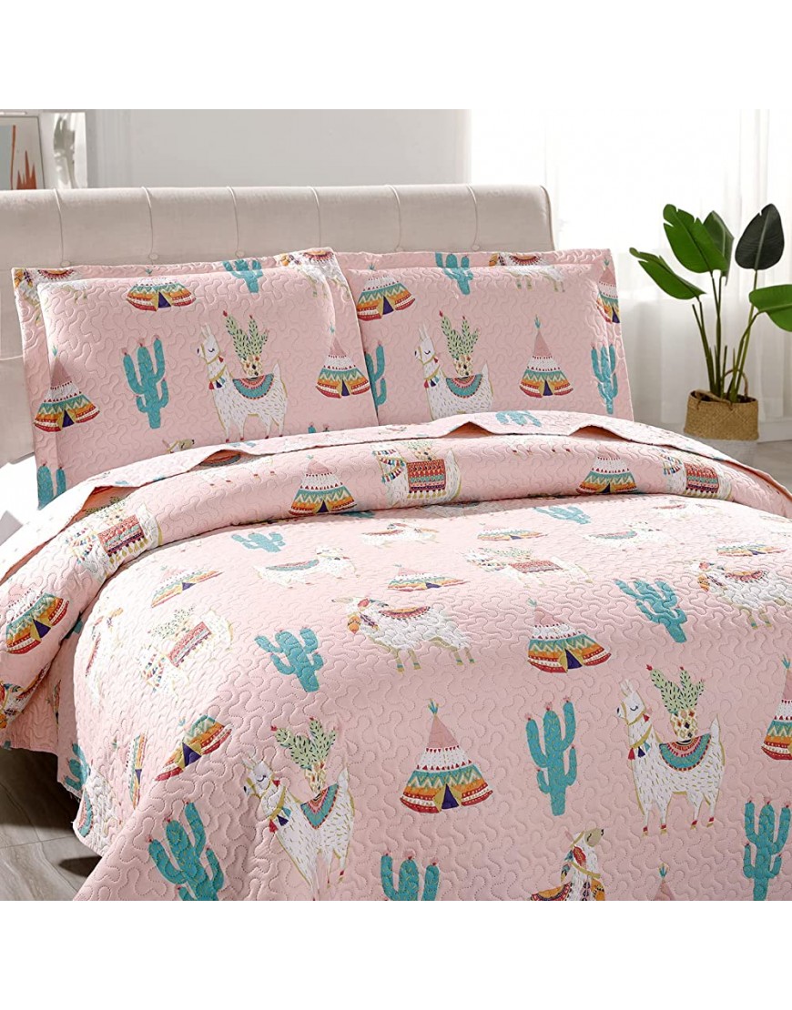 Kids Girls Alpaca Cactus Quilts Full Queen Size Llama Bedding Lightweight Animal Cartoon Bedspread Coverlets All Season Pink Bed Sheet Blanket with Pillowshams - B0IL8NHXM