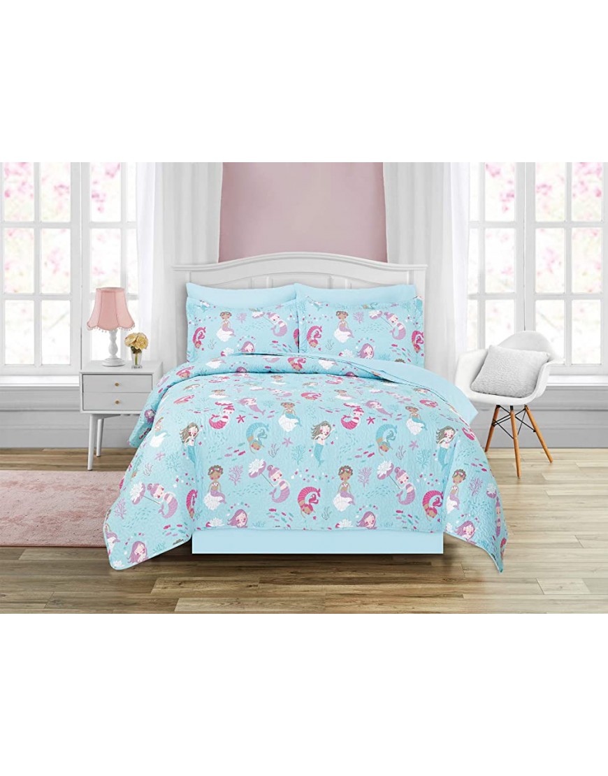 Kids Zone Home Linen 7pc Queen Size Quilt Bedspread Girls Teens Mermaid Underwater Sea Life Aqua Blue Light Blue Purple Pink White Fishes Shell New - BJ09ZPAC0