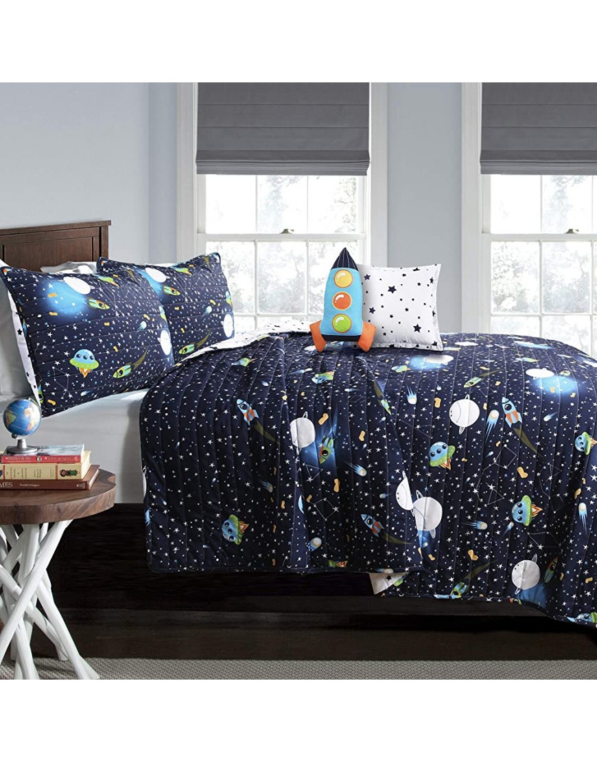 Lush Decor Navy Universe Quilt | Outer Space Stars Galaxy Planet Rocket Reversible 4 Piece Bedding Set for Kids-Twin - BPFU0LHSH