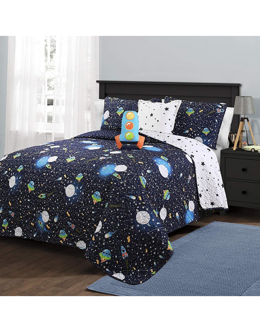 Lush Decor Navy Universe Quilt | Outer Space Stars Galaxy Planet Rocket Reversible 4 Piece Bedding Set for Kids-Twin - BS5JX454Q