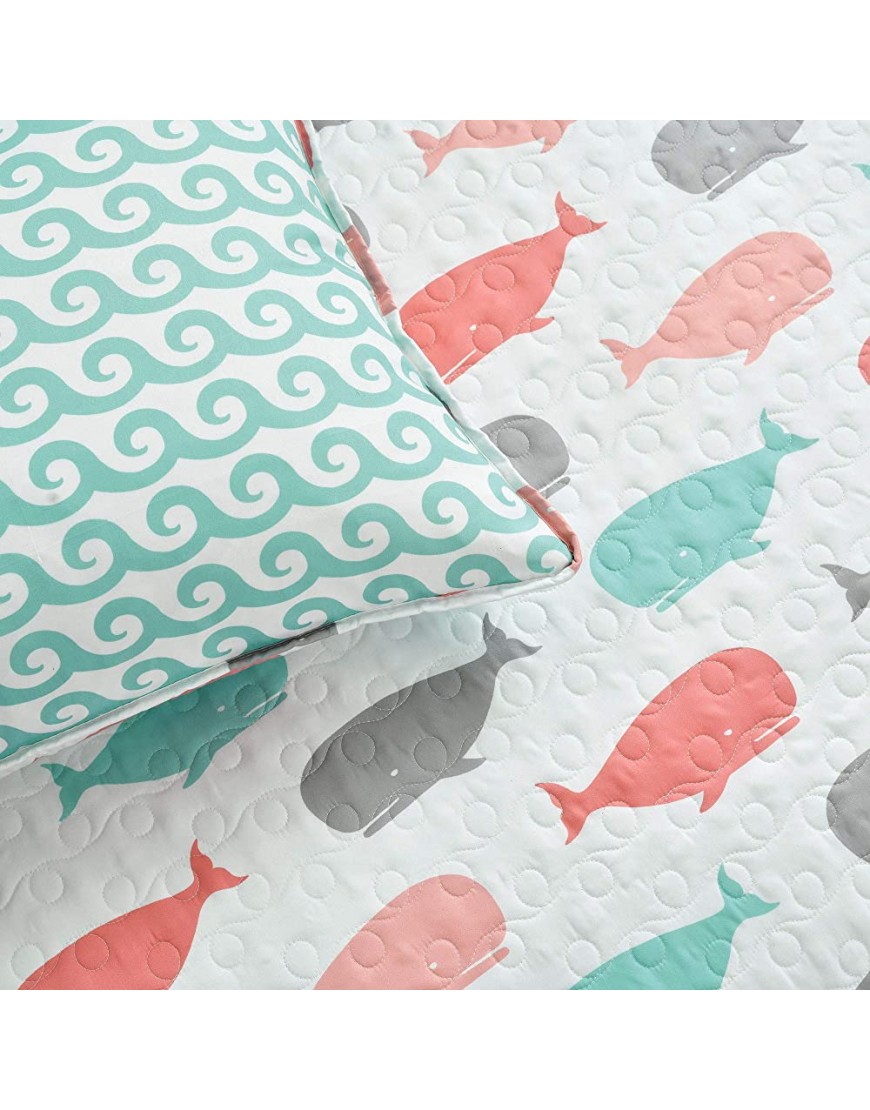 Lush Decor Whale Kids Reversible 5 Piece Quilt Bedding Set with Sham and Decorative Throw Pillows Full Queen Pink and Aqua - BHUCBOT6O