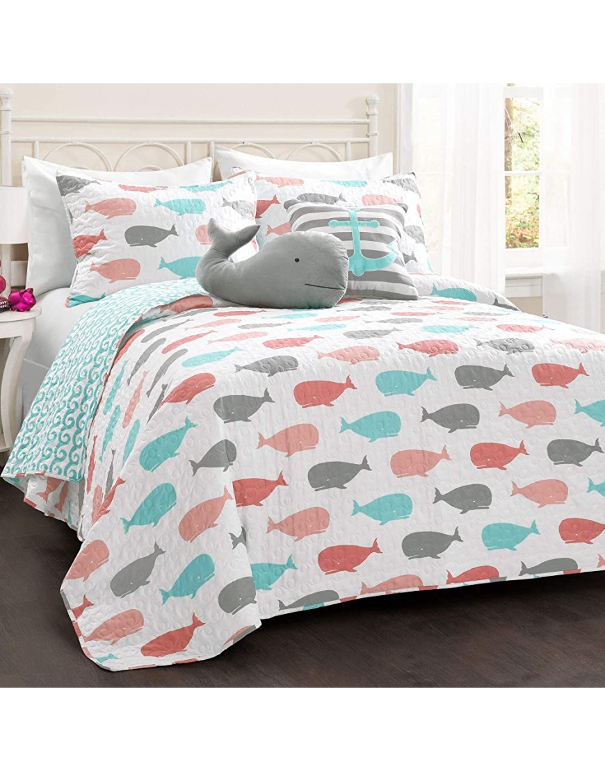 Lush Decor Whale Kids Reversible 5 Piece Quilt Bedding Set with Sham and Decorative Throw Pillows Full Queen Pink and Aqua - BHUCBOT6O
