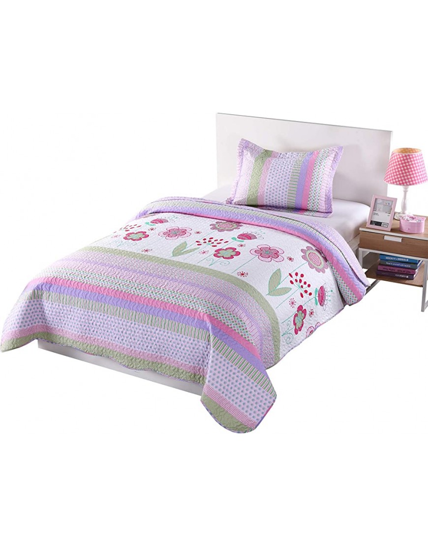 MarCielo 2 Piece Kids Bedspread Quilts Set Throw Blanket for Teens Girls Bed Printed Bedding Coverlet Twin Size Purple Floral Striped Twin - BYBK7OE7H
