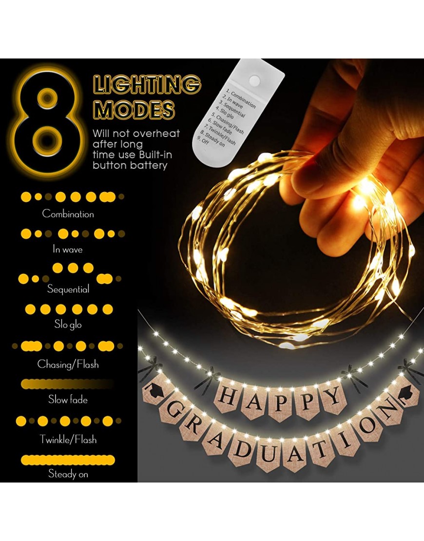 2022 Graduation Banner Happy Graduation Burlap Banner with 8 Modes LED String Lights Lighting Grad Party Wall Hanging Garland Bunting Flags Sign for Grad Party Decor - BMMSE4RA5