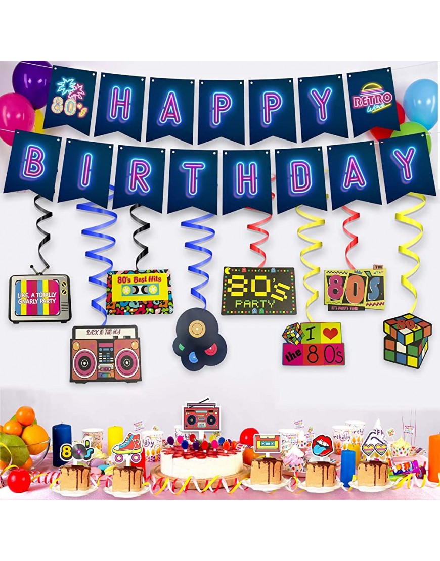 80s Retro Birthday Decorations Set Totally 1980s Theme Swirls Streamers Garland Banner and Cupcake Topper Party Supplies - BD8ZDJRYU