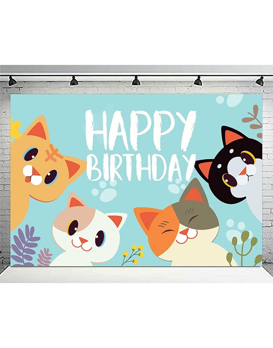 Happy Birthday Banner Backdrop Sky Blue Cute Cat Theme Party Decor Picks for Birthday Baby Shower Party Photography Background Supplies Decorations - BESBAF4XN