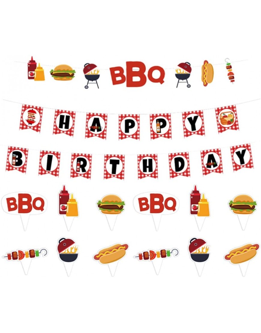 jojofuny Picnic Happy Birthday Banner BBQ Red Gingham Banner for Barbecue Picnic Sauce Grill Sausage Fork Fire Camping Theme Bday Decorations - BRHGAR9QZ