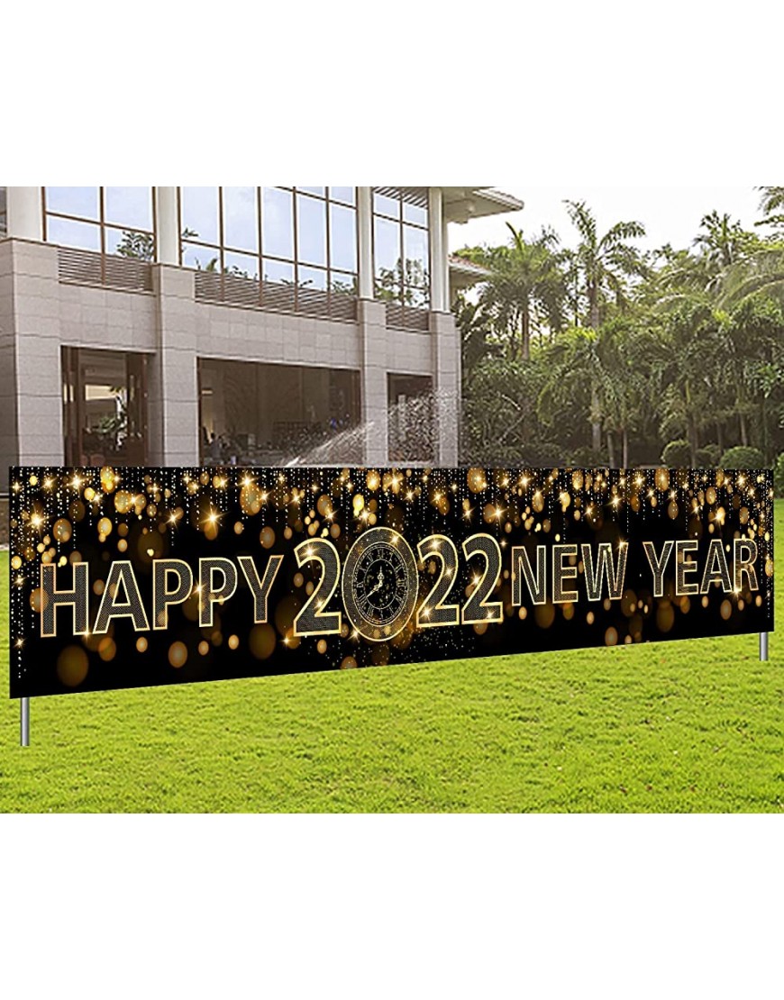 Large Happy New Year banner 2022,Happy New Year Yard Sign for New Years Eve Party Supplies 2022,Shiny Black Gold Happy New Year Banner Outdoor Happy New Years Decorations 2022 - B2HF6DOP3