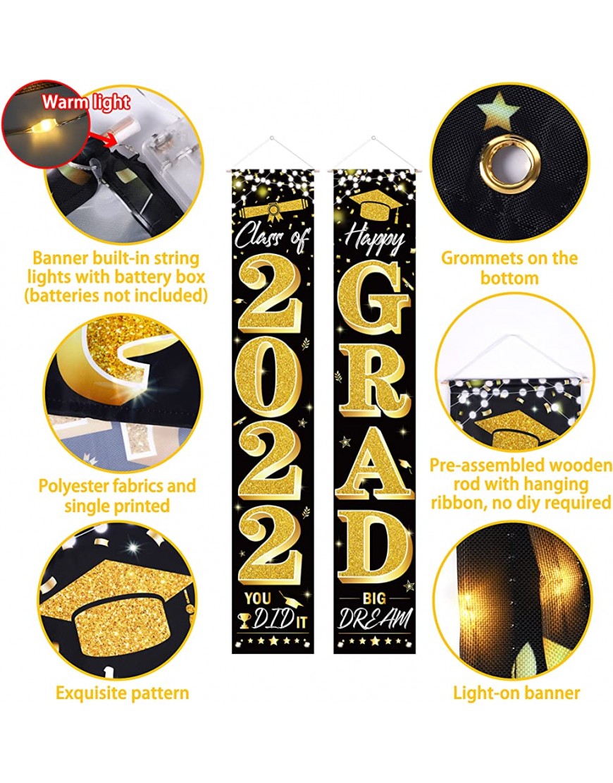 luck sea Graduation Party Decorations 2022 Class of 2022 Congrats Grad Banners Porch Signs with Led-Light Strips for Yard Door Wall Indoor Outdoor Decor Supplies Battery Not Included Black - BF6XLHQSG