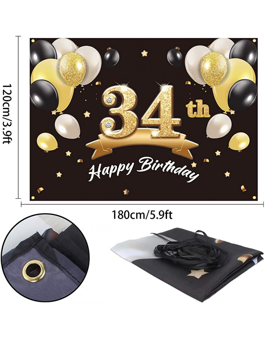 PAKBOOM Happy 34th Birthday Banner Backdrop 34 Birthday Party Decorations Supplies for Men Black Gold 4 x 6ft - B0790U9Z9